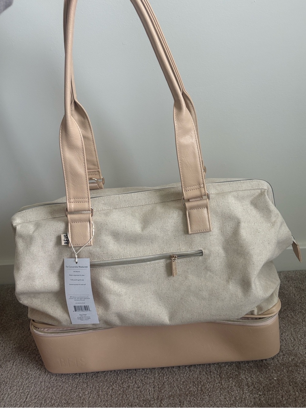 Beige & Cream Travel Tote Bag with Bottom Compartment